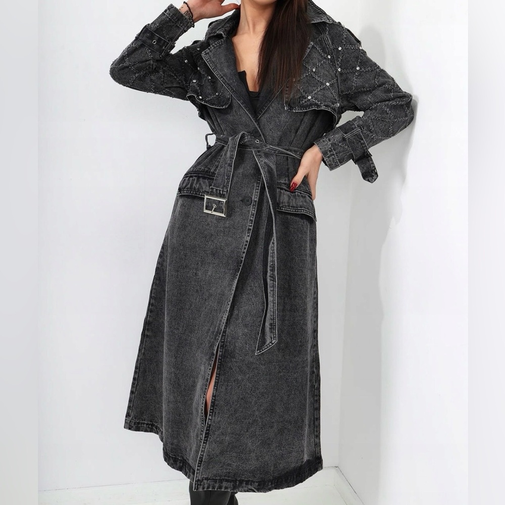 Distressed Denim Trench Coat, Black /Gry. w/ Pearl & Silver Accents, S, M , L - Picture 2 of 16